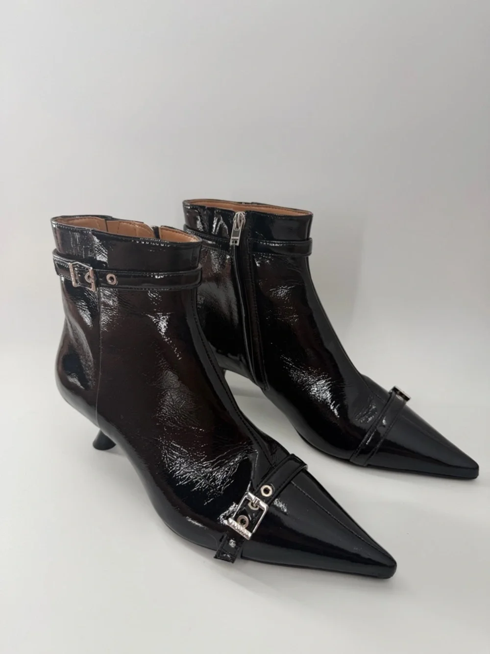 Ganni Black Eyelets Buckled Vinyl Leather Pointed Toe Kitten Heel Ankle Boots